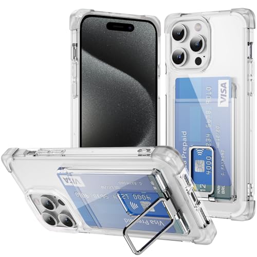 ÁRBOLORO Ständer Hülle für iPhone 15 Pro Schutzhülle mit Kartenfäch Transparent Silikon Handyhülle Kartenfach Hülle für 2 Karten, Stoßfest Handy Tasche Bumper Brieftasche Case Cover, Violett von ÁRBOLORO