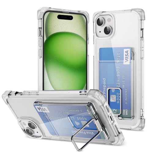 ÁRBOLORO Ständer Hülle für iPhone 15 Schutzhülle mit Kartenfäch Transparent Silikon Handyhülle Kartenfach Hülle für 2 Karten, Stoßfest Handy Tasche Bumper Brieftasche Case Cover von ÁRBOLORO