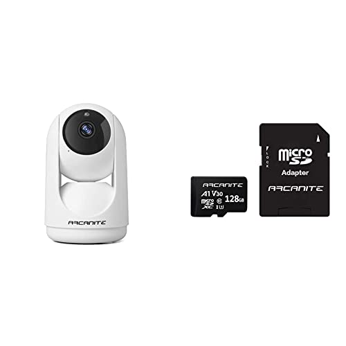 ARCANITE 1080P Wireless Home Security WiFi IP for Baby, Motion Detection Follow, Night Vision, 2-Way Audio,MicroSD Card Slot, White + 128GB microSDXC Memory Card with Adapter - Micro SD von ARCANITE