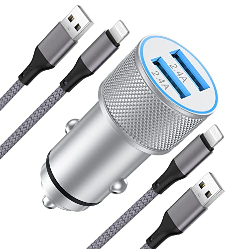 ARCCRA Zigarettenanzünder USB Adapter und iPhone Ladekabel, 12W (5V2,4A) 2-Port Kfz Ladegerät mit 1m Nylon Lightnin Kabeln, 12V/24V USB Steckdose, Auto Ladegerät Kompatibel mit iPhone, iPads, usw von ARCCRA