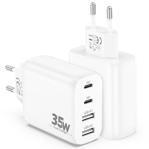 4-Port USB C Ladegerät, Schnellladegerät USB-C USB-A Netzteil Mehrfach Stecker Adapter 35W Ladestecker für iPhone 16/16E/15/14/13/Pro Max, iPad, Google Pixel 9/8, Samsung S25/Ultra/S24/S23, 2-Pack von ARCCRA