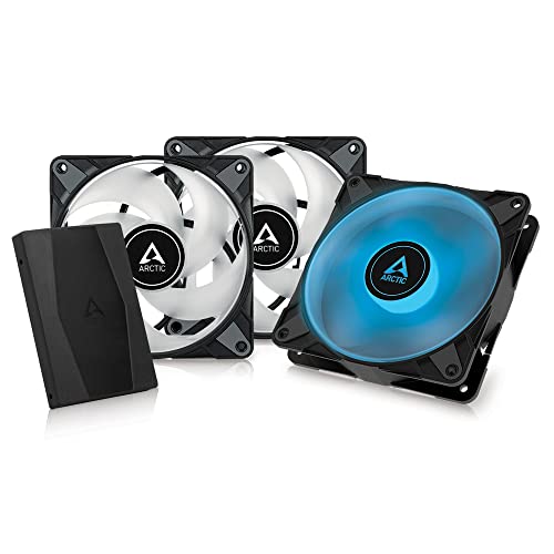 ARCTIC P12 PWM PST RGB (3 Stück, inkl. Controller) - PC Lüfter, 120 mm PWM PST Gehäuselüfter optimiert für statischen Druck, Case Fan, Semi-Passiv: 200-2000 RPM, 12V 4 Pin RGB-LED - Schwarz von ARCTIC