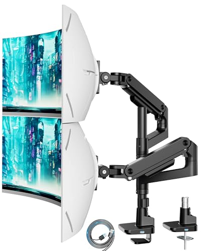 ARES WING Monitorhalterung 2 Monitore übereinander für 17-49 Zoll Flach & Curved Bildschirme, dual Monitor Halterung mit Gasfeder und USB A/C Port, Höhenverstellbar, Gewicht 2-20kg/arm,VESA 75 & 100 von ARES WING