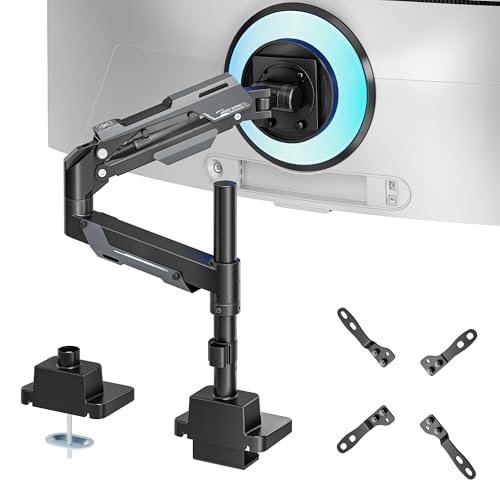 ARES WING Einzel-Monitorhalterung, Ultrabreiter Monitorarm für 61 bis 144 cm (24 bis 57 Zoll), robuster, gebogener Bildschirm, verstellbarer Gasfeder-Monitorarmständer bis zu 29,9 kg mit 75/100/200 von ARES WING