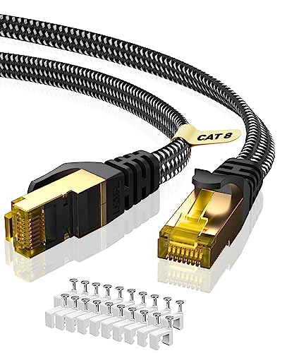 ARISKEEN Cat 8 Ethernet Kabel 12M, Cat8 Geflochten Flach Hochgeschwindigkeit (40Gbps 2000Mhz/s) Gigabit Rj45 STP Geschirmtes Internet Netzwerk Lan Patch Kabel Draht für Router Modem Patch Panel von ARISKEEN
