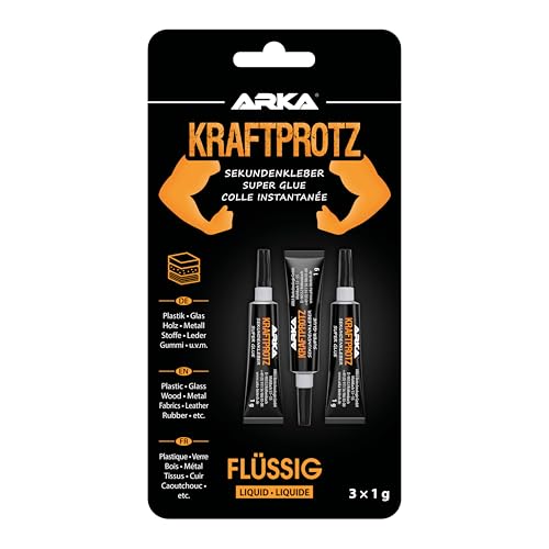 ARKA 3x 1g Sekundenkleber extra stark - Inkl. Anti-Austrocknungs-Spitze - KRAFTPROTZ - Flüssiger Superkleber - Universell verwendbar zum Kleben von Plastik, Kunststoff, Glas, Holz, Stein, Metall uvm. ARKA 3x 1g Sekundenkleber extra stark - Inkl. Anti-Austrocknungs-Spitze - KRAFTPROTZ - Flüssiger Superkleber - Universell verwendbar zum Kleben von Plastik, Kunststoff, Glas, Holz, Stein, Metall uvm. von ARKA