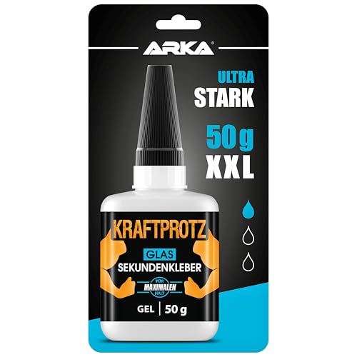 50 g Sekundenkleber für Glas & Spiegel extra stark - Glaskleber transparent wasserfest, hitzebeständig & Verschluss gegen Austrocknung - zum Verkleben von Glas & Acrylglas aller Art - ARKA Kraftprotz 50 g Sekundenkleber für Glas & Spiegel extra stark - Glaskleber transparent wasserfest, hitzebeständig & Verschluss gegen Austrocknung - zum Verkleben von Glas & Acrylglas aller Art - ARKA Kraftprotz von ARKA