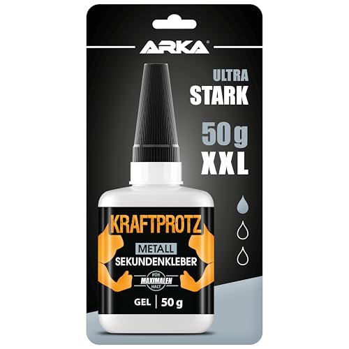 50 g Sekundenkleber für Metall & Aluminium extra stark - dickflüssiger Metallkleber wasserfest, hitzebeständig & Verschluss gegen Austrocknung - zum Verkleben von Metallen aller Art - ARKA Kraftprotz 50 g Sekundenkleber für Metall & Aluminium extra stark - dickflüssiger Metallkleber wasserfest, hitzebeständig & Verschluss gegen Austrocknung - zum Verkleben von Metallen aller Art - ARKA Kraftprotz von ARKA