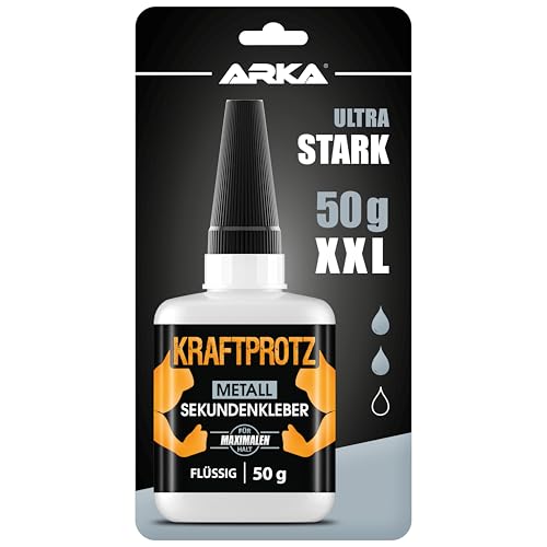 50 g Sekundenkleber für Metall & Aluminium extra stark - flüssiger Metallkleber wasserfest, hitzebeständig & Verschluss gegen Austrocknung - zum Verkleben von Metallen aller Art - ARKA Kraftprotz 50 g Sekundenkleber für Metall & Aluminium extra stark - flüssiger Metallkleber wasserfest, hitzebeständig & Verschluss gegen Austrocknung - zum Verkleben von Metallen aller Art - ARKA Kraftprotz von ARKA