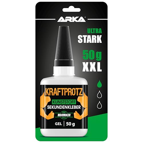 50 g Sekundenkleber für Kunststoff extra stark, wasserfest, hitzebeständig & Verschluss gegen Austrocknung - dickflüssiger Kunststoffkleber, Plastik Kleber für Kunststoff, Acrylglas - ARKA Kraftprotz von ARKA