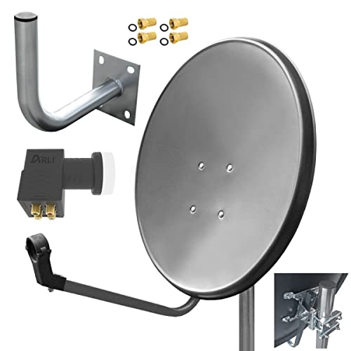 60 cm HD Sat Anlage Quad LNB Digital + Wandhalter 25 cm + 4X F-Stecker 4 Teilnehmer Antenne Grau UHD 4K von ARLI