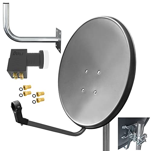 60 cm HD Sat Anlage Quad LNB Digital + Wandhalter 45 cm + 4X F-Stecker 4 Teilnehmer Antenne Grau UHD 4K ARLI von ARLI