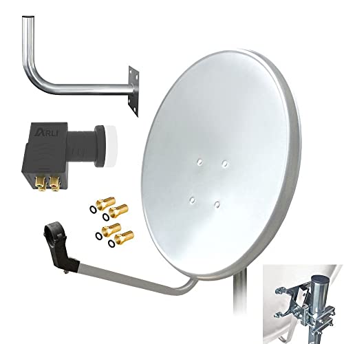 60 cm HD Sat Anlage Quad LNB Digital + Wandhalter 45 cm + 4X F-Stecker 4 Teilnehmer Antenne Weiss UHD 4K von ARLI