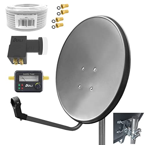 60cm HD Sat Anlage Quad LNB + 15m Koaxialkabel 135dB + Satfinder + 4 F-Stecker Digital 4 Teilnehmer Antenne Grau UHD 4K von ARLI