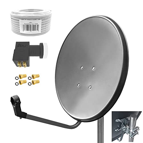 60cm HD Sat Anlage Quad LNB + 50m Koaxialkabel 135dB + 4 F-Stecker Digital 4 Teilnehmer Antenne Grau UHD 4K von ARLI