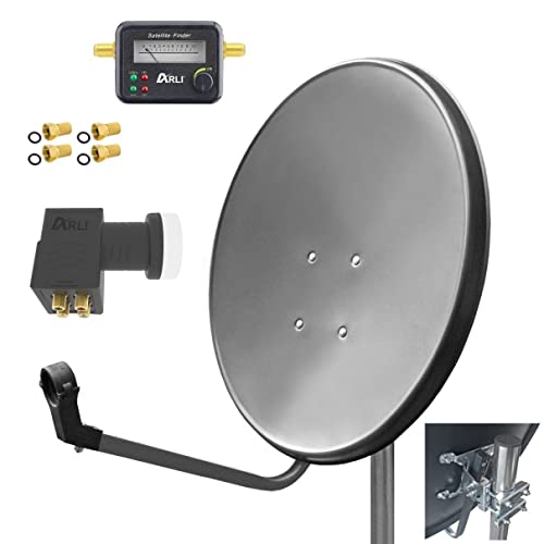 60cm HD Sat Anlage Quad LNB + Satfinder + 4 F-Stecker Digital 2 Teilnehmer Antenne grau UHD 4K von ARLI