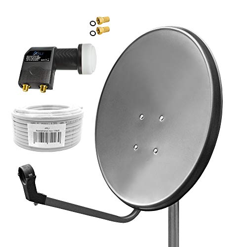 60cm HD Sat Anlage Twin LNB + 10m Koaxialkabel 135dB + 2 F-Stecker Digital 2 Teilnehmer Antenne grau UHD 4K von ARLI