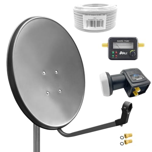 60cm HD Sat Anlage Twin LNB + 50m Koaxialkabel 135dB + Satfinder + 2 F-Stecker Digital 2 Teilnehmer Antenne grau UHD 4K von ARLI