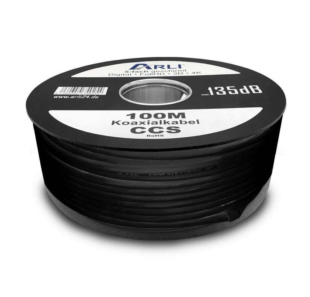 ARLI 100 m Koaxialkabel schwarz max. 135 dB TV-Kabel, (10000 cm), Metermarkierung, 5-fach geschirmt von ARLI