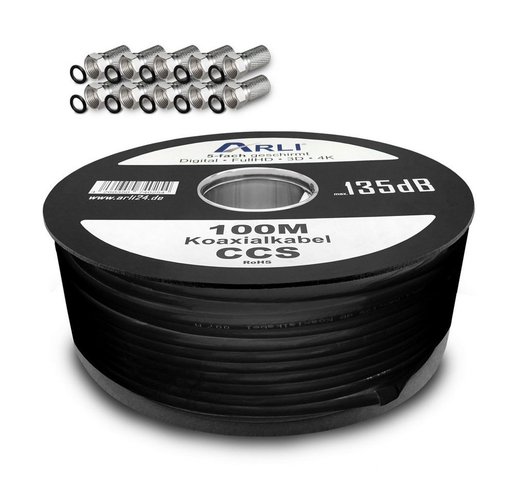 ARLI 100m Koaxialkabel + 100x F-Stecker breite Mutter und Dichtring TV-Kabel, (10000 cm), 100 m TV Sat Koax Antennen Kabel 5-fach geschirmt Verlegekabel Set von ARLI