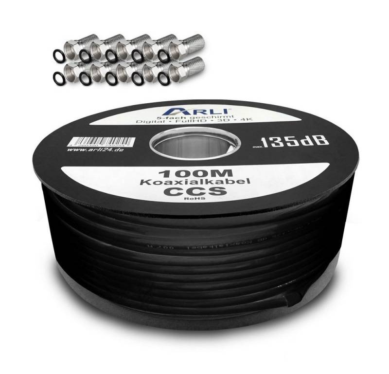 ARLI 100m Koaxialkabel + 100x F-Stecker breite Mutter und Dichtring TV-Kabel, (10000 cm), 100 m TV Sat Koax Antennen Kabel 5-fach geschirmt Verlegekabel Set von ARLI