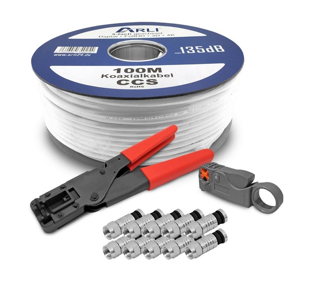 ARLI 100m Koaxialkabel + Kompressionszange + Abisolierer + 20x Stecker Installationskabel, (10000 cm) von ARLI