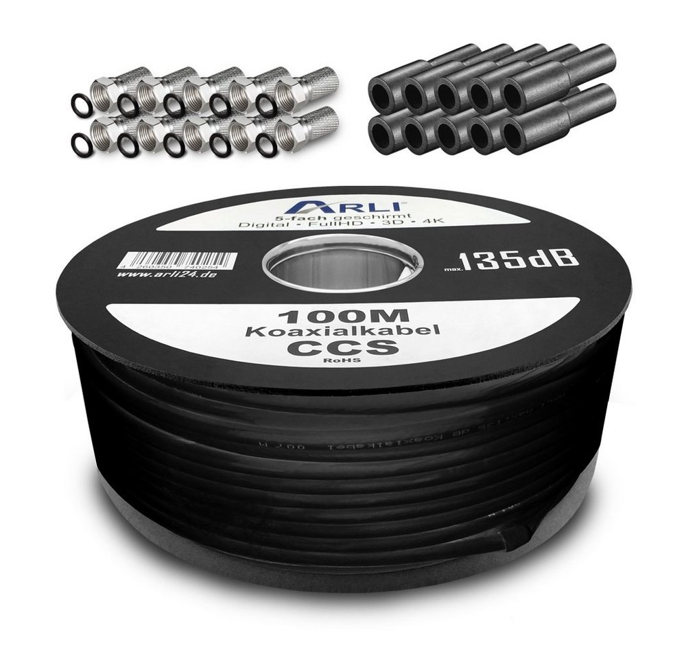 ARLI 100m Koaxialkabel schwarz+ 10x F-Stecker + 10x Gummitülle TV-Kabel, (10000 cm), 100 m TV Sat Koax Antennen Kabel 5-fach geschirmt Verlegekabel Set von ARLI