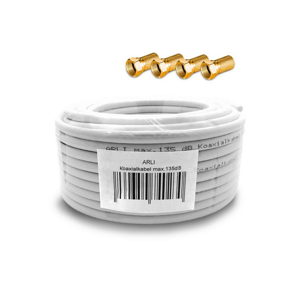 ARLI 15m ARLI Koaxialkabel max. 135dB + 4x F-Stecker vergoldet TV-Kabel, (1500 cm), 15 m TV Sat Koax Antennen Kabel 5-fach geschirmt Verlegekabel Set von ARLI