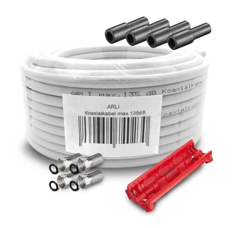 ARLI 20m Koaxialkabel + 4x F-Stecker + 4x Gummitülle + Abisoliermesser TV-Kabel, (2000 cm), 20 m TV Sat Koax Antennen Kabel 5-fach geschirmt Verlegekabel Set von ARLI