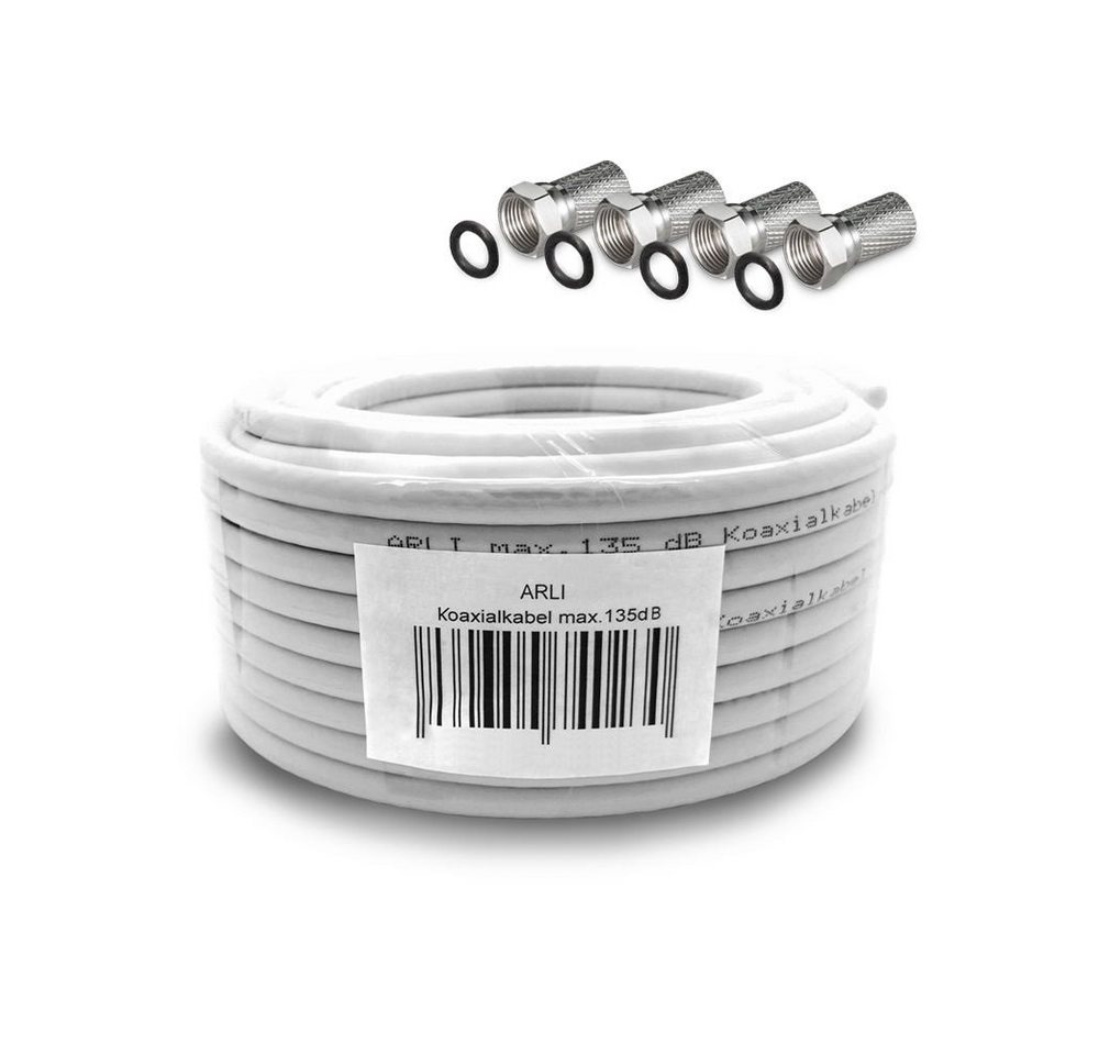 ARLI 20m Koaxialkabel + 4x F-Stecker mit breiter Mutter und Dichtring TV-Kabel, (2000 cm), 20 m TV Sat Koax Antennen Kabel 5-fach geschirmt Verlegekabel Set von ARLI