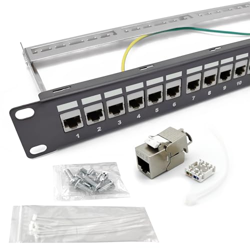 ARLI 24 Port 19" Patchpanel Set Patchfeld Modular 1HE 19 Zoll Rackeinbau + 24x Keystone Module CAT8.1 Kompatibel CAT7 LAN Netzwerk Verlegekabel Schwarz von ARLI