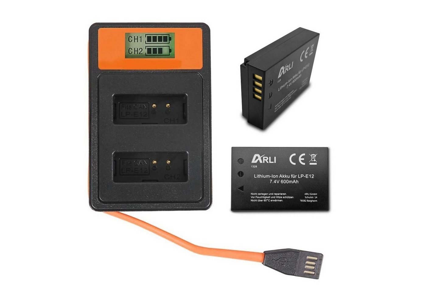 ARLI 2x Akku für Canon EOS-M50 LP-E12 + Smart Dual LCD USB Ladegerät Akku, 100% kompatibel passend Ersatzakku von ARLI