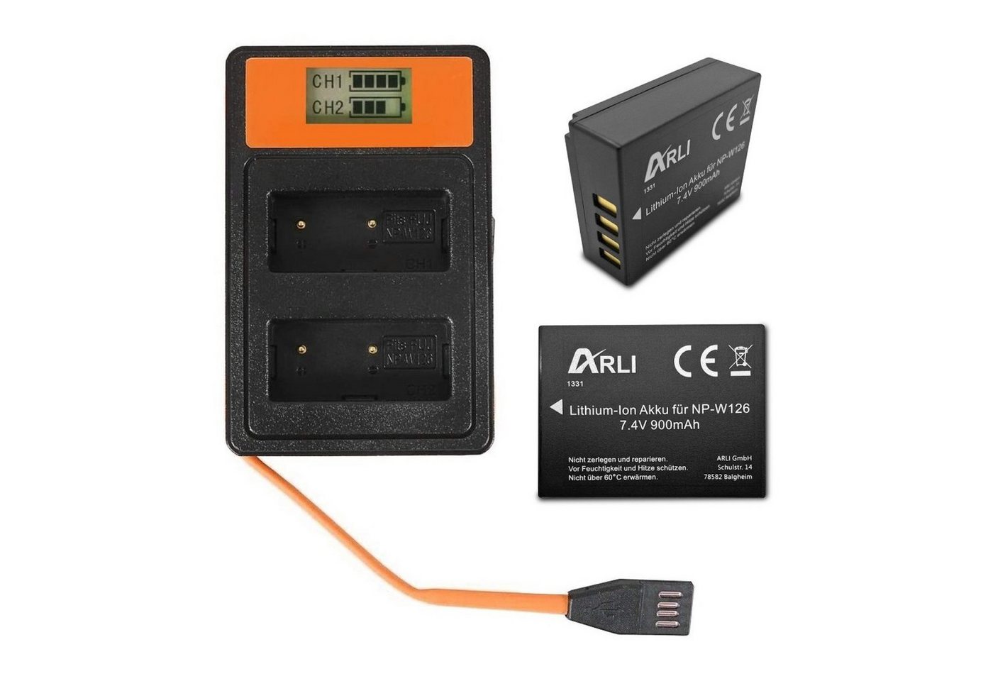 ARLI 2x Akku für Fuji NP-W126S NPW-126 + Smart Dual LCD USB Ladegerät Akku, 100% kompatibel passend Ersatzakku von ARLI