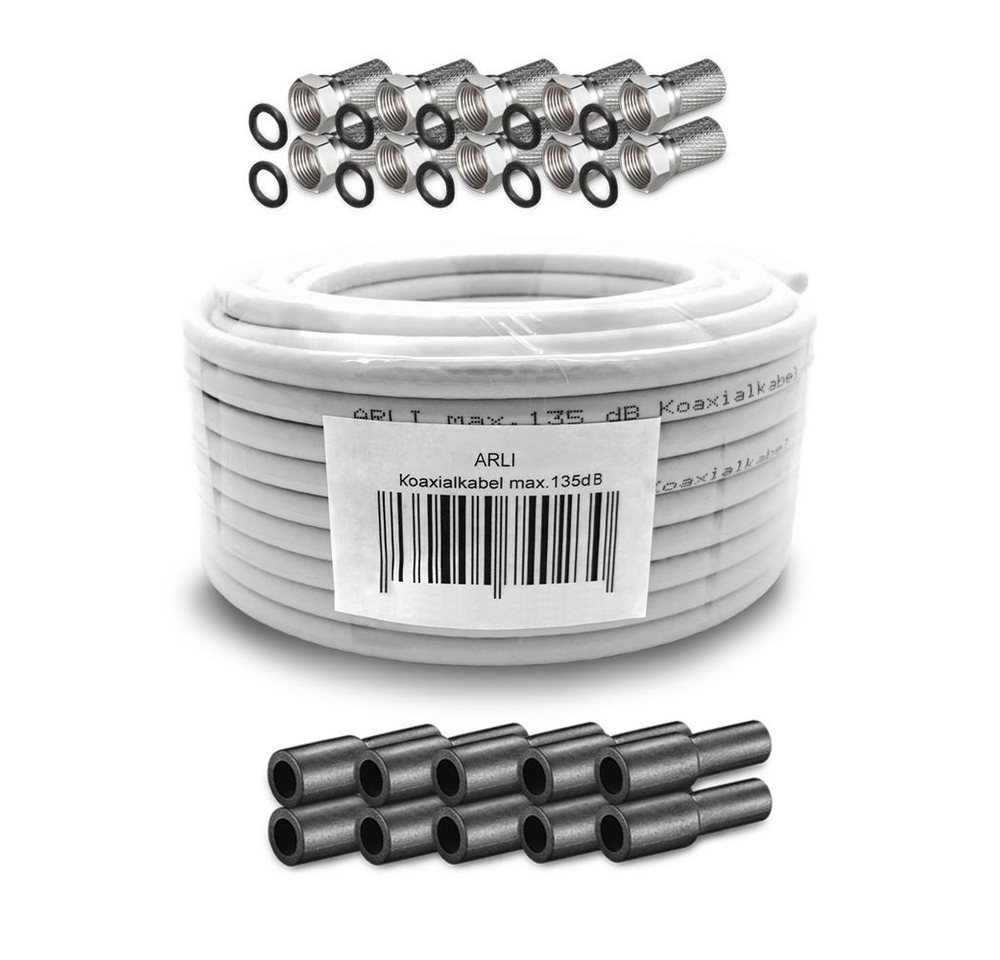 ARLI 50m Koaxialkabel + 10x F-Stecker + 10x Gummitülle TV-Kabel, (5000 cm), 50 m TV Sat Koax Antennen Kabel 5-fach geschirmt Verlegekabel Set von ARLI