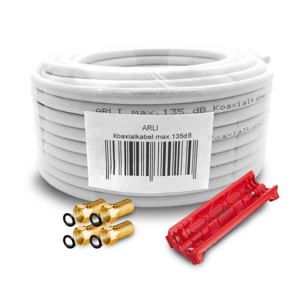 ARLI 50m Koaxialkabel + 4x F-Stecker vergoldet + Abisoliermesser TV-Kabel, (5000 cm), 50 m TV Sat Koax Antennen Kabel 5-fach geschirmt Verlegekabel Set von ARLI