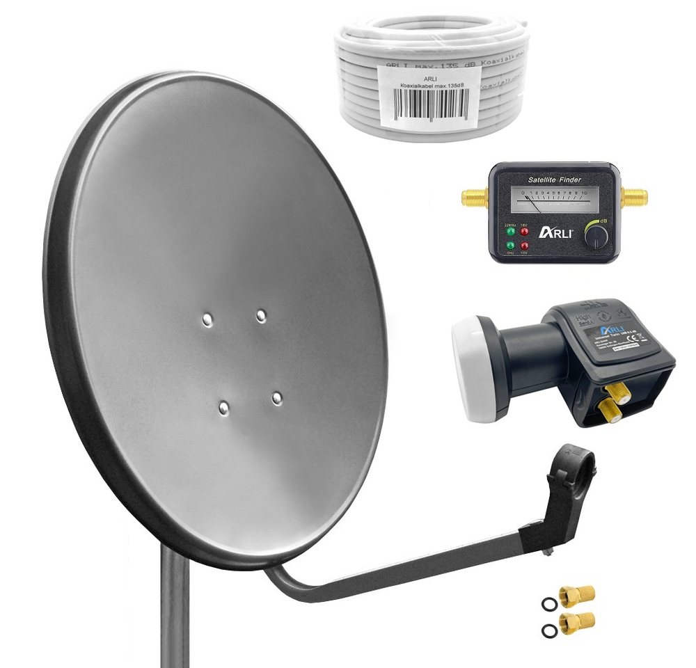 ARLI 60 cm HD SAT Anlage grau + Twin LNB + 50m Koaxialkabel + Satfinder SAT-Antenne (60 cm, Stahl, + 2x F-Stecker vergoldet Set 10314) von ARLI