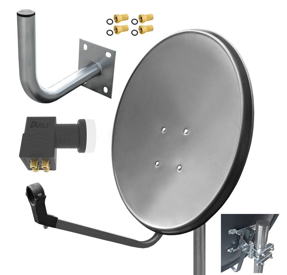 ARLI 60 cm HD Sat Anlage grau + Quad LNB + Wandhalter 25cm + 4x F-Stecker SAT-Antenne (60 cm, Stahl) von ARLI