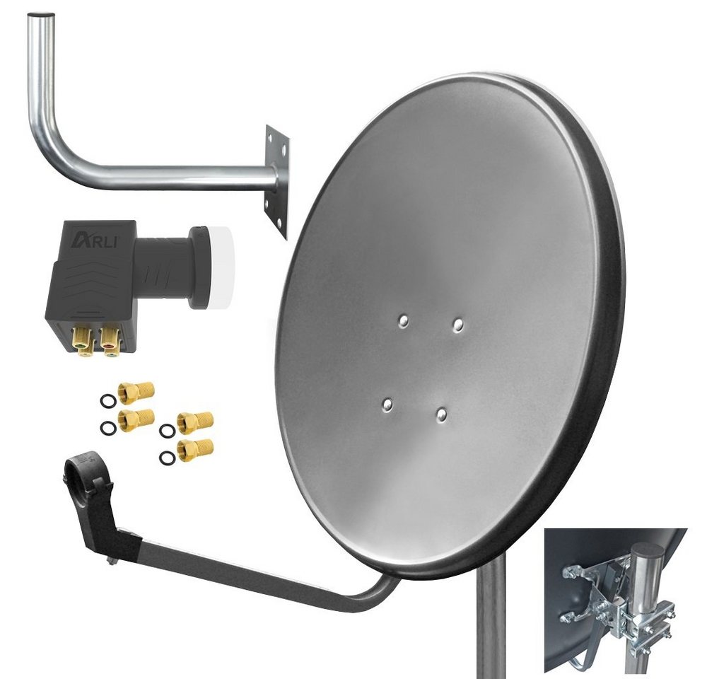 ARLI 60 cm HD Sat Anlage grau + Quad LNB + Wandhalter 45cm + 4x F-Stecker SAT-Antenne (60 cm, Stahl) von ARLI