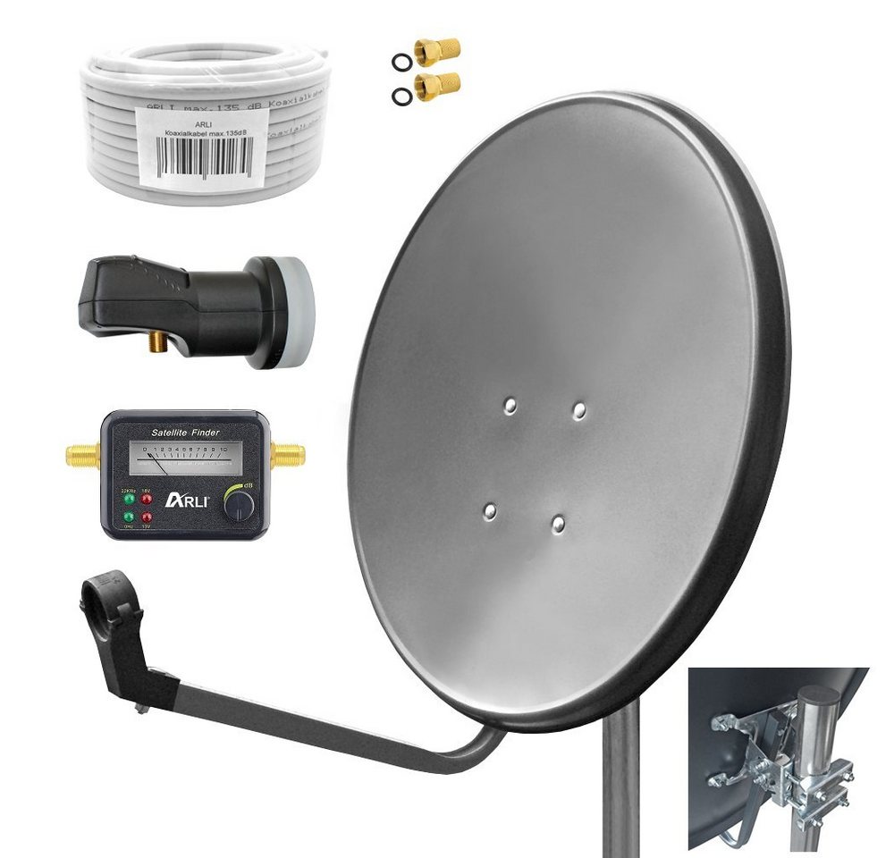 ARLI 60 cm HD Sat Anlage grau + Single LNB + 10 m Koaxialkabel + Satfinder SAT-Antenne (60 cm, Stahl, + 2 x F-Stecker vergoldet set) von ARLI