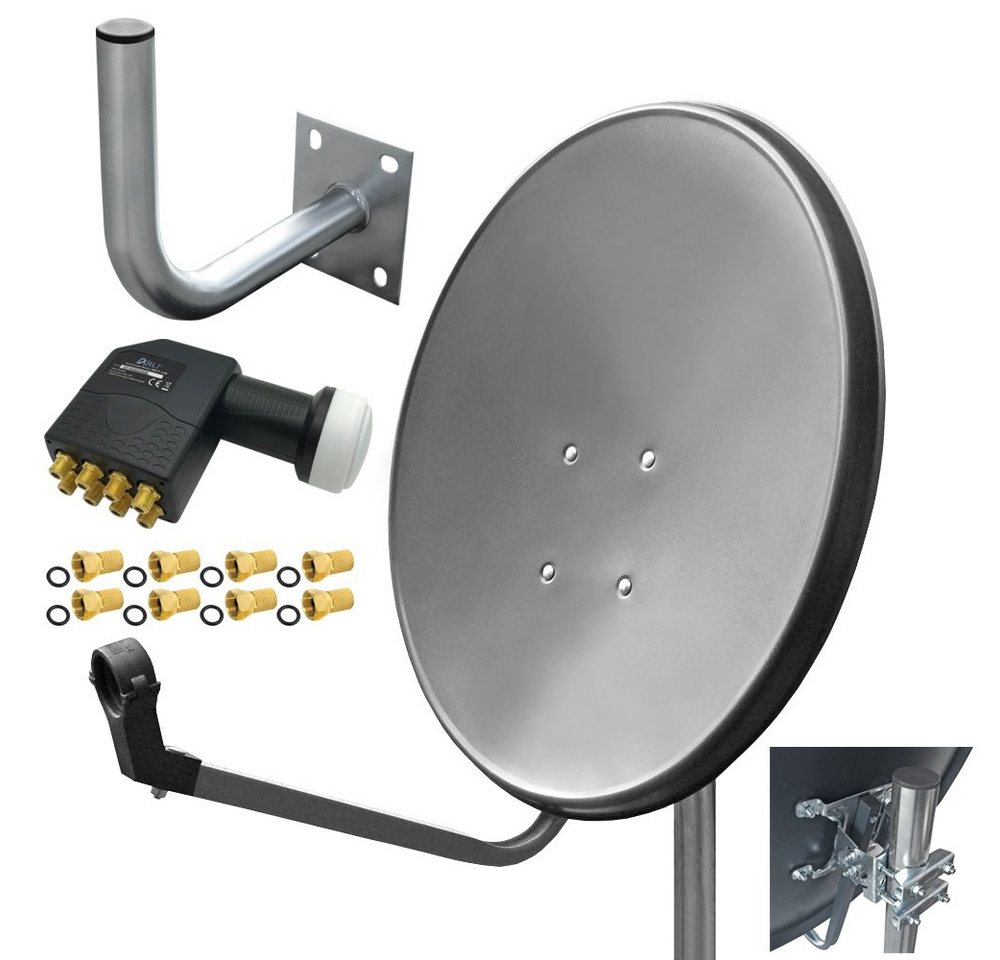 ARLI 60 cm HD Sat Anlage grau +Octo LNB + Wandhalter 25cm +8x F-Stecker SAT-Antenne (60 cm, Stahl) von ARLI