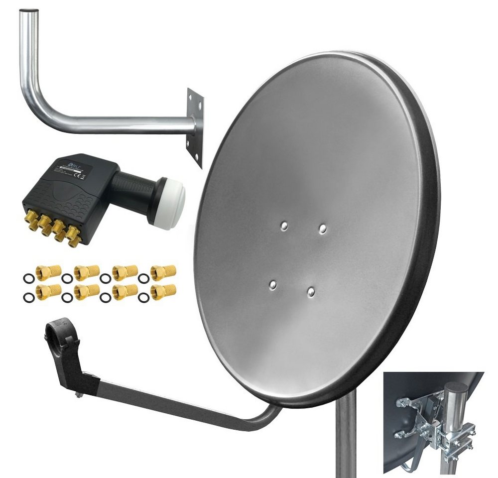 ARLI 60 cm HD Sat Anlage grau +Octo LNB +Wandhalter 45cm + 8x F-Stecker SAT-Antenne (60 cm, Stahl) von ARLI