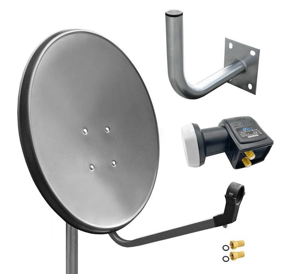 ARLI 60 cm HD Sat Anlage grau +Twin LNB +Wandhalter 25cm +2x F-Stecker SAT-Antenne (60 cm, Stahl) von ARLI