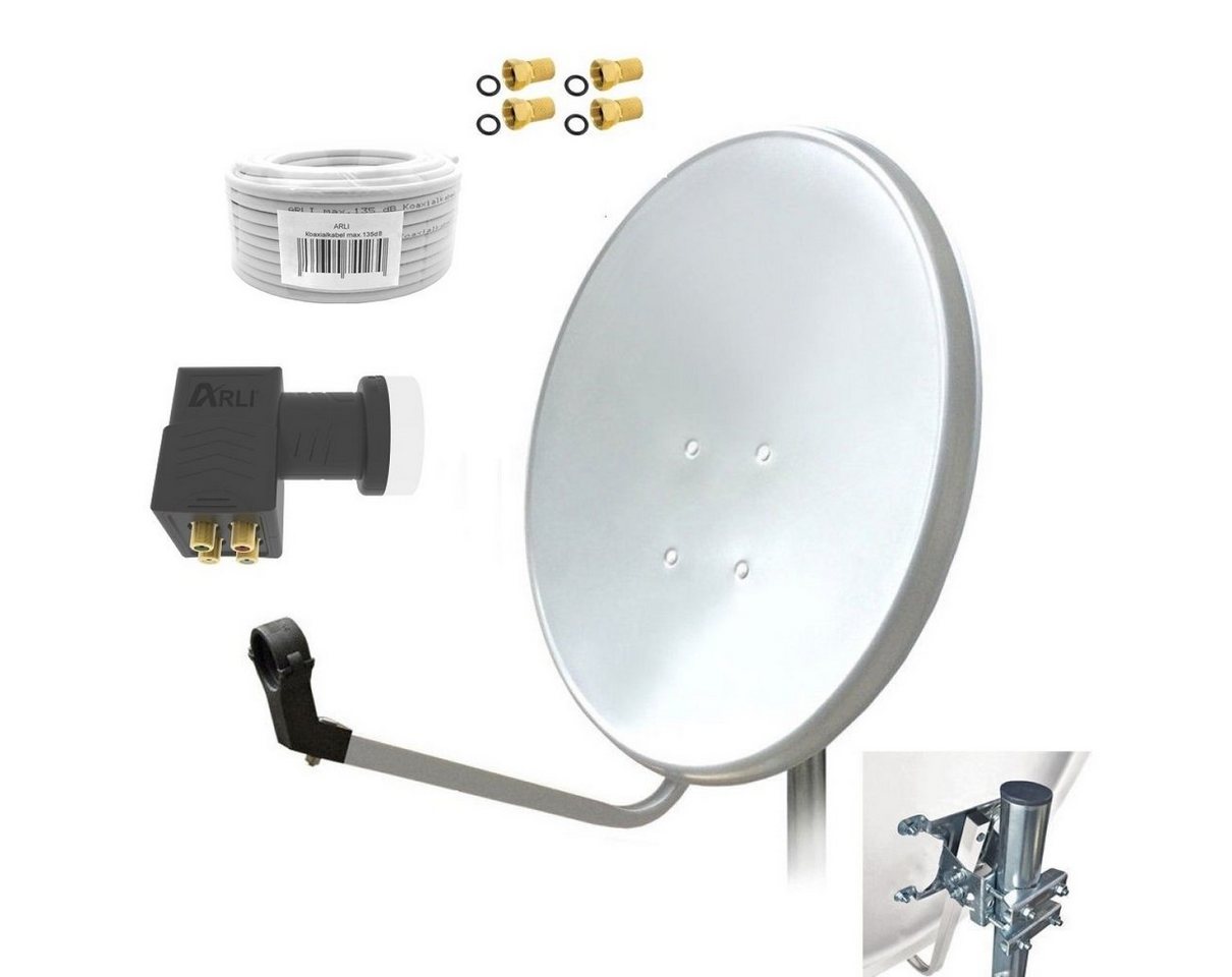 ARLI 60 cm HD Sat Anlage weiss + Quad LNB +10m Koaxialkabel +4x F-Stecker SAT-Antenne (60 cm, Stahl) von ARLI