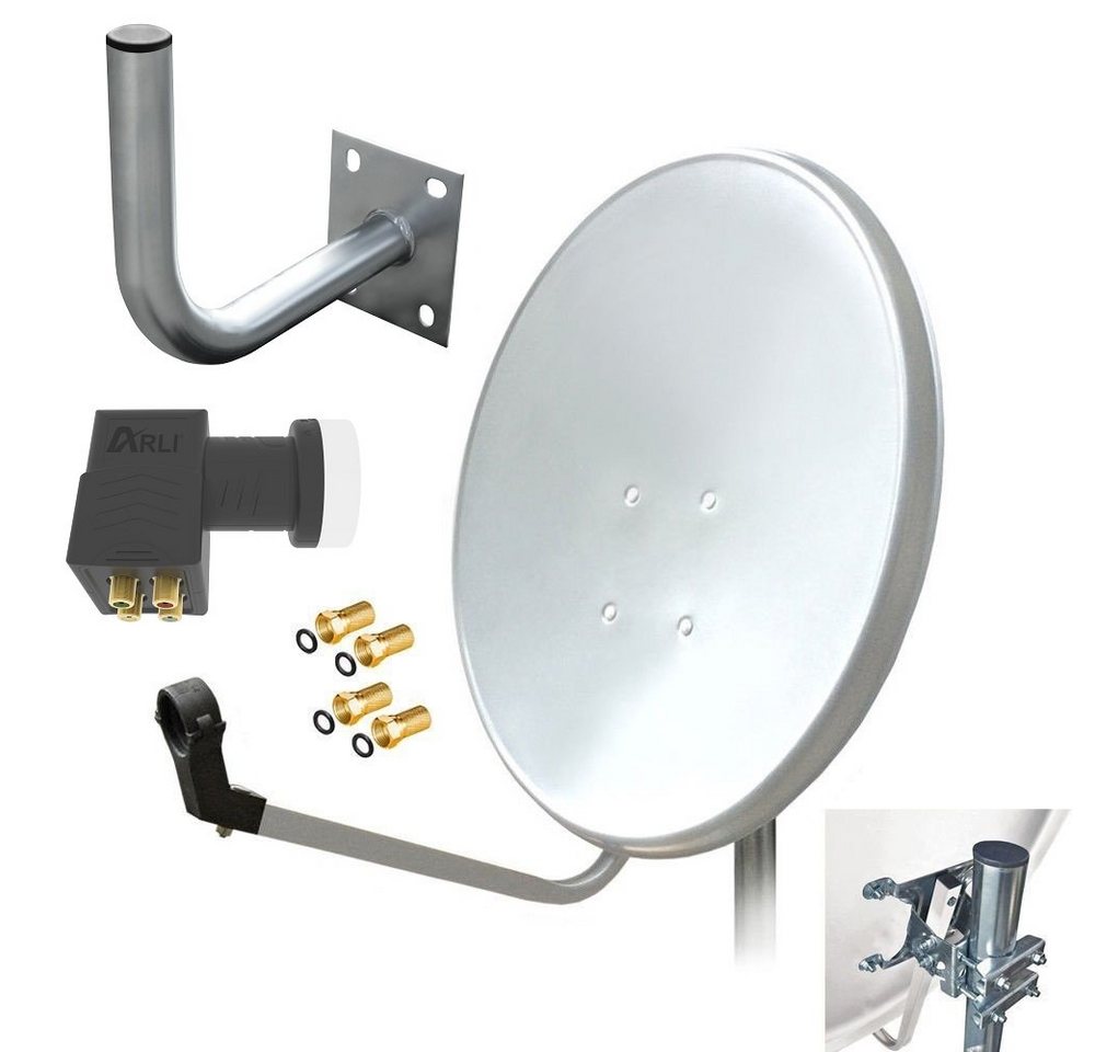 ARLI 60 cm HD Sat Anlage weiss +Quad LNB +Wandhalter 25 cm +4x F-Stecker SAT-Antenne (60 cm, Stahl) von ARLI