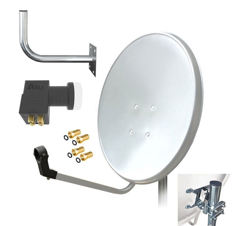 ARLI 60 cm HD Sat Anlage weiss +Quad LNB +Wandhalter 45 cm + 4 F-Stecker SAT-Antenne (60 cm, Stahl) von ARLI