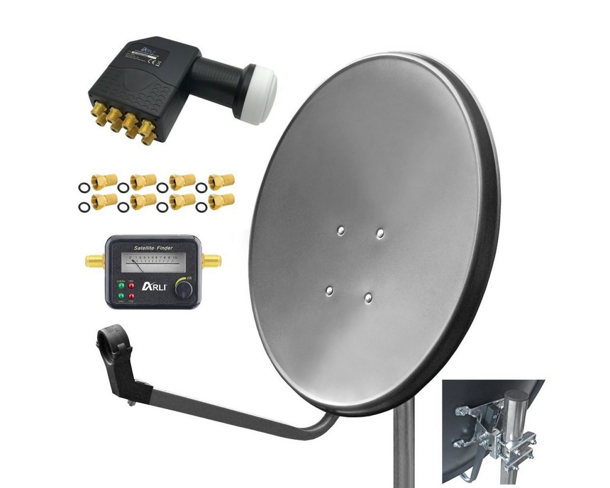 ARLI 60cm HD SAT Anlage grau + Octo LNB + Satfinder SAT-Antenne (60 cm, Stahl, + 8x F-Stecker vergoldet Set 10578) von ARLI