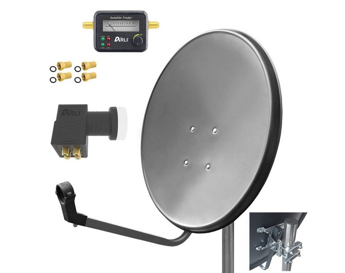 ARLI 60cm HD SAT Anlage grau + Quad LNB + Satfinder SAT-Antenne (60 cm, Stahl, + 4x F-Stecker vergoldet Set 10722) von ARLI