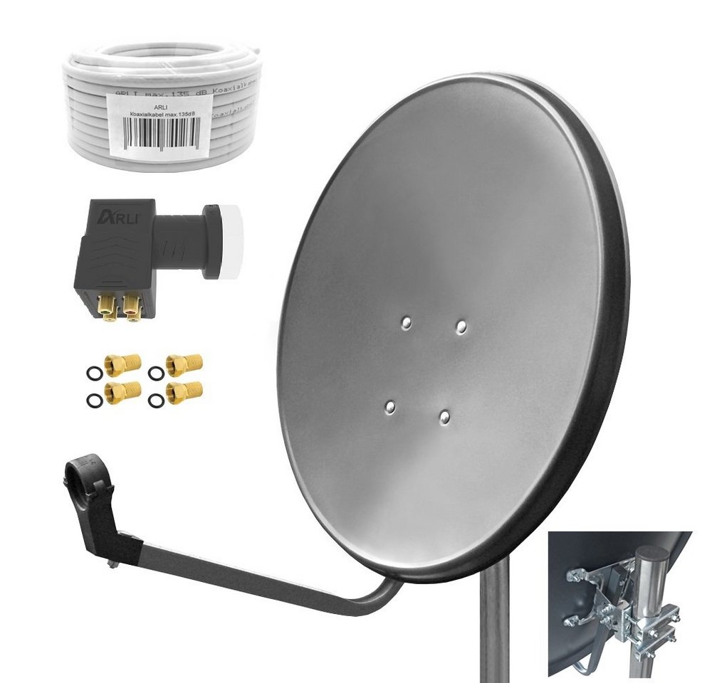 ARLI 60cm HD SAT Anlage grau + Quad LNB +15m Koaxialkabel +4x F-Stecker SAT-Antenne (60 cm, Stahl) von ARLI