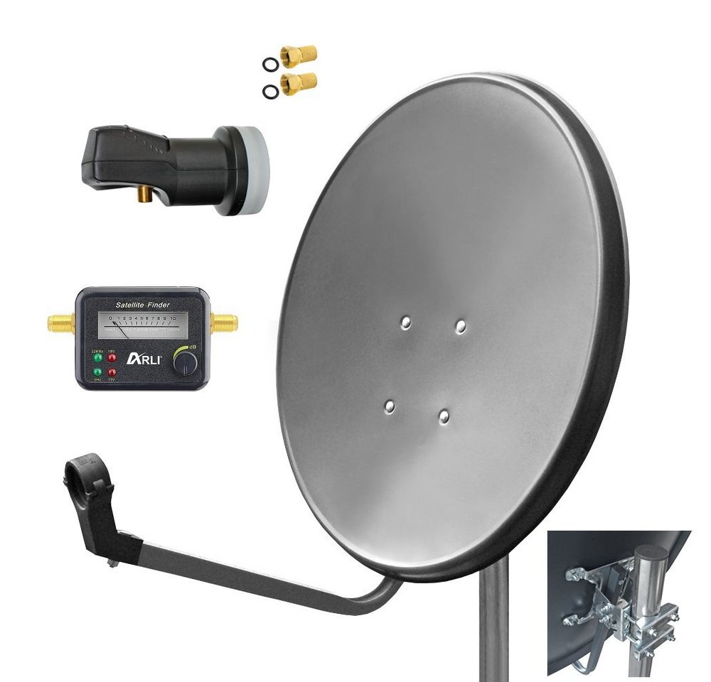 ARLI 60cm HD SAT Anlage grau + Single LNB + Satfinder SAT-Antenne (60 cm, Stahl, 2x F-Stecker vergoldet set) von ARLI
