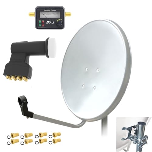 ARLI 60cm HD Sat Anlage Octo LNB + Satfinder + 8 F-Stecker vergoldet breite Mutter Dichtring 8 Teilnehmer Weiss UHD 4K Satellitenschüssel Satelliten Antenne 60 cm von ARLI